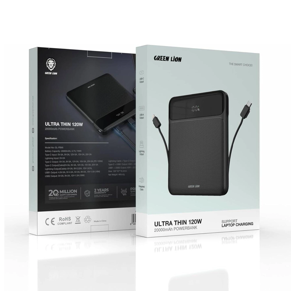پاوربانک گرین مدل Ultra Thin ظرفیت ۲۰۰۰۰ میلی آمپر ساعت توان ۱۲۰ وات